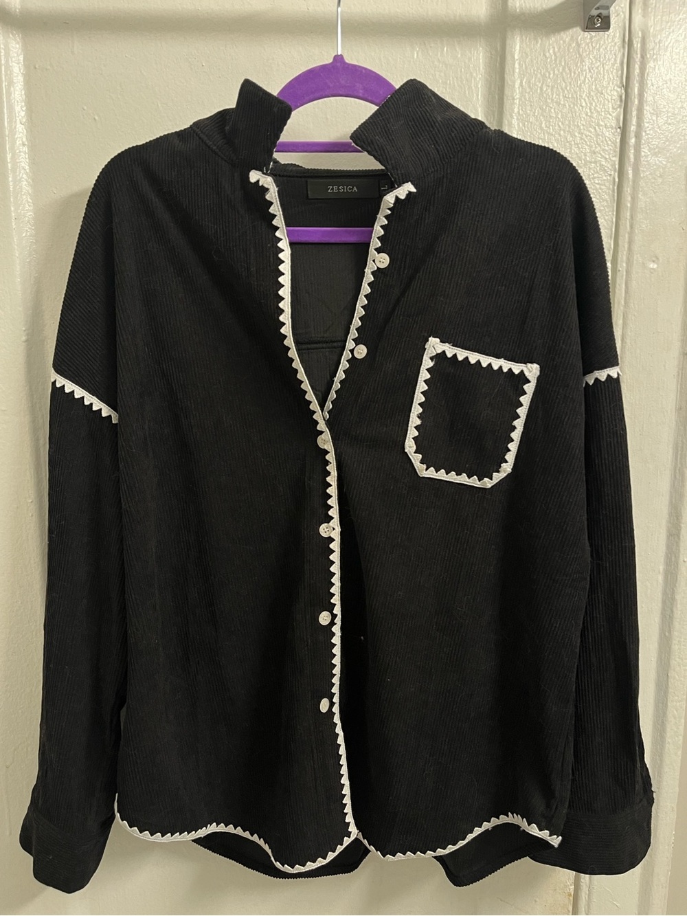 Zesica Black Corduroy Button-Up Shirt with White Trim